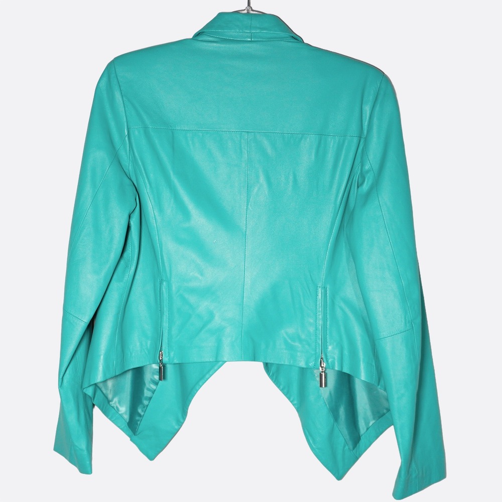 Cache 100% Leather Aqua Turquoise Waterfall Jacket Open Blazer Designer 0X Large - Picture 3 of 8